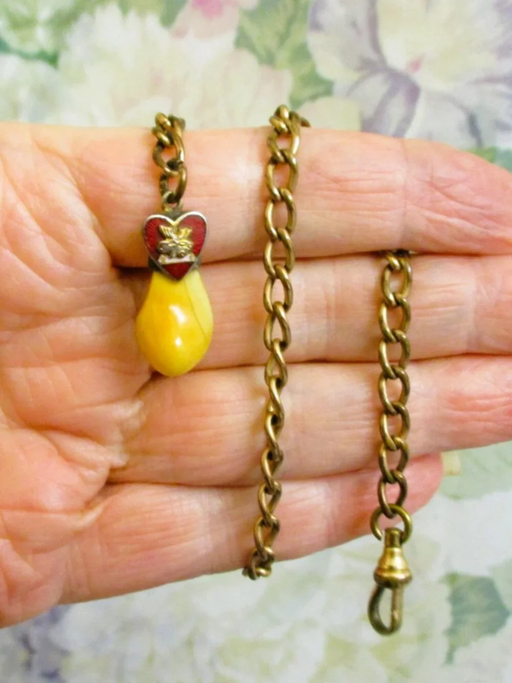 Vintage LOOM Tooth Watch Fob Chain, Guilloche Enamel Heart, Gold Filled
